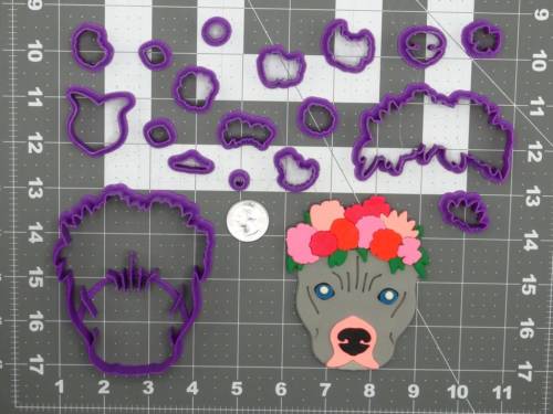 Dog - Pitbull Cropped Ears Flower Crown Head 266-D176 Cookie Cutter Set 4 inch